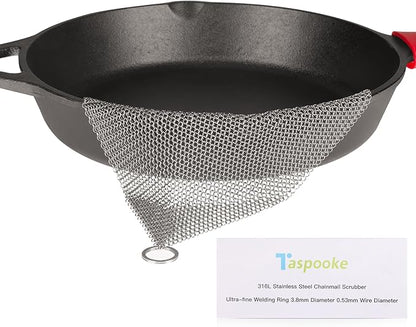 Cast Iron Cleaner and Chainmail Skillet Scrubber - 4''x4'' Upgraded 3.8mm Small Ring, 316L Stainless Steel Fine Rings - Durable Scraper for Skillets, Pans, Griddles & Containers