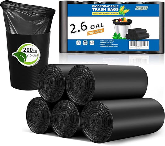 2.6-Gallon Trash Bags 200 Pack - Unscented Clear Black Biodegradable Leakproof Garbage Bags Heavy Duty Wastebasket Liners Versatile for Bedoom Office Kitchen Inwaysin