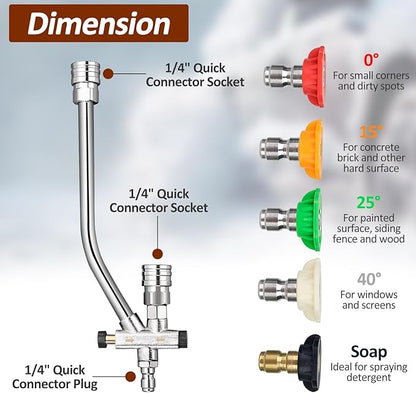 BEAR FORCE Foam Cannon Dual-Connector Accessory, Pressure Washer Double Tip Attachment for Soap Cannon, 5 Pressure Washer Sprayer Nozzles #035, 1/4" Quick Connect, for Car Wash, Car Detailing