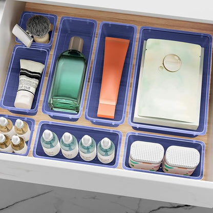 ElegantArray 12 PCS Drawer Organizer Set, 4 Sizes Tool Storage Trays, Clear Plastic Makeup Vanity Organizer and Storage Bins for Stationeries, Multiple Gadgets for Office, Bedroom, Navy Blue