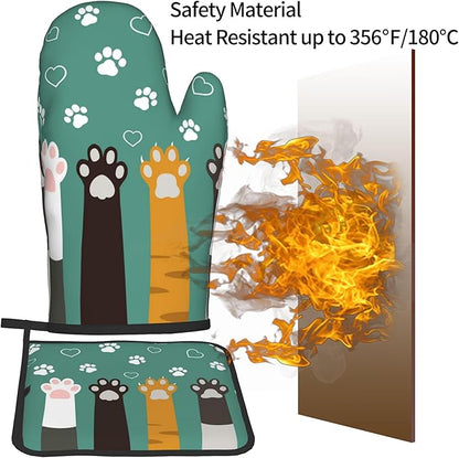 Cat Oven Mitt Potholders Sets - Paw Kitchen Mitts and Pot Holders Set of 2 Kitten Pet Oven Gloves Hot Pads for Cooking BBQ Baking Grilling