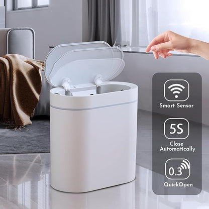 SYNCVIBE Bathroom Trash Can with Lid 2 Gallon Slim Motion Sensor Garbage Can Narrow Automatic Plastic Trash Bin for Bedroom, Living Room, Toilet, Office (White)