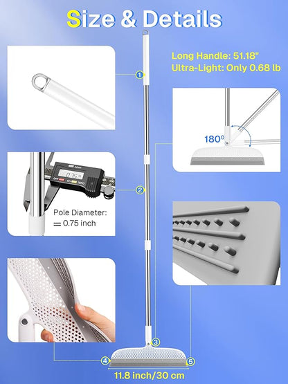Silicone Floor Squeegee, 180° Rotating Air Broom, Squeegee for Floor with a Long Handle, Magic Broom for Water and Pet Hair Removal on Bathroom Floors, Tile, Deck and Glass, Indoor Cleaning Tool