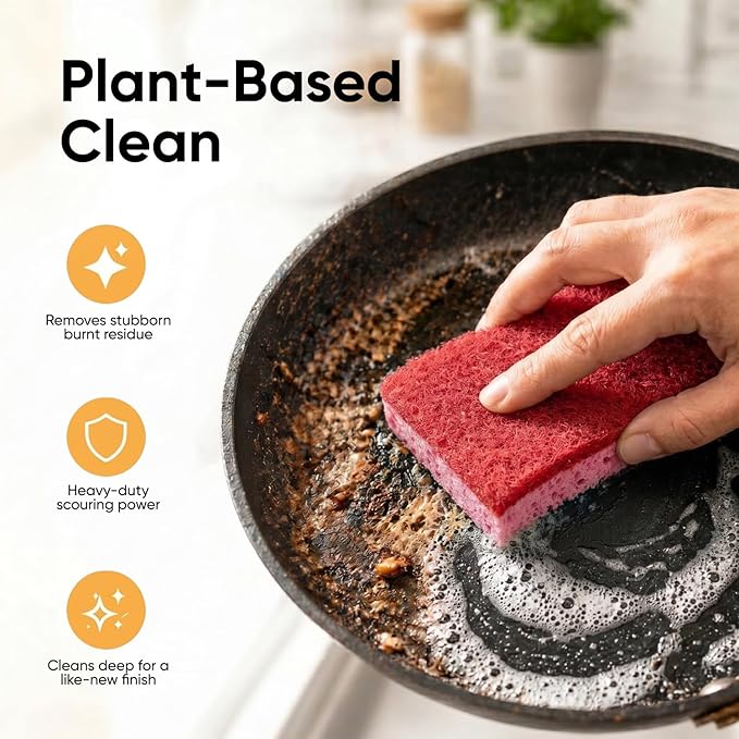 Non-Scratch Cellulose Sponge Kitchen Scrub Sponge with Scouring Pad Set, Good for Non-Stick Cookware Frying Pan, Pot, Counter Top, Sink Scrubbing, Kitchen Scrubbers, Pack of 1, Red/Pink