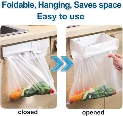 2Pcs Foldable Trash Bag Holder, No Drill Adhesive Hanging Rack for Kitchen Cabinets/Doors, Space-Saving Collapsible Plastic Waste Bag Hanger