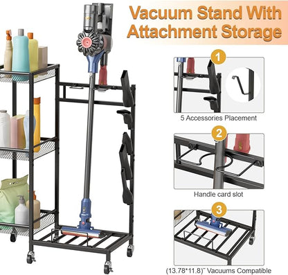 YOXIER Heavy Duty Rolling Tool Cart & Broom Organizer - 3-Tier Steel Cleaning Caddy Cart for Garage Organization Next to Garage Cabinets. Freestanding Rack Beats Any Broom Hanger Wall Mount Black