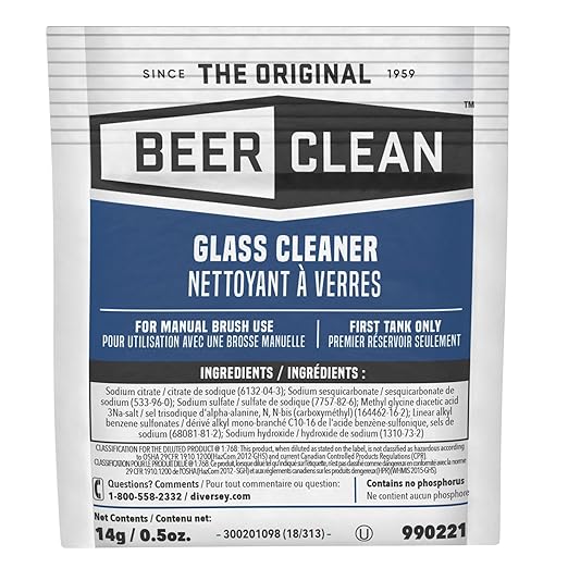 BEER CLEAN Diversey 990221 Glass Cleaner for Manual Brushing, Portion Control Bar Glass Washing Powder, Unscented, Packet, 0.5-Ounce (Pack of 100)