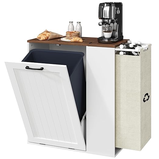 YATINEY Tilt Out Trash Can Cabinet, 10 Gallon Hidden Garbage Can Cabinet with Bottle Recycling Compartment, Wooden Recycling Cabinet Trash Can, for Kitchen, Living Room, White and Walnut WB06WH