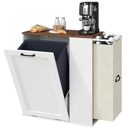 YATINEY Tilt Out Trash Can Cabinet, 10 Gallon Hidden Garbage Can Cabinet with Bottle Recycling Compartment, Wooden Recycling Cabinet Trash Can, for Kitchen, Living Room, White and Walnut WB06WH