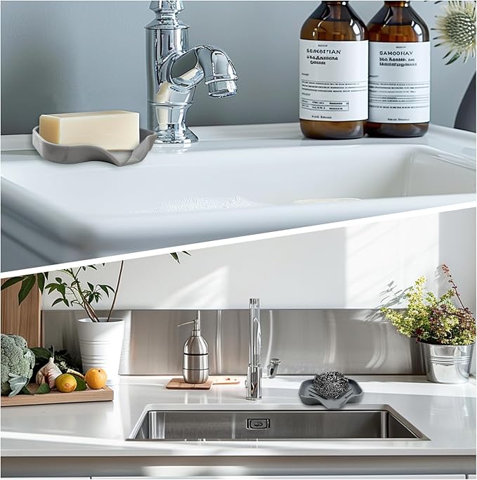 Grey Silicone Soap Dish – Sink Organizer with Drain Spout for Bathroom & Kitchen, Ideal for Dispensers, Cups, Scrubbers & Sponges on Countertops