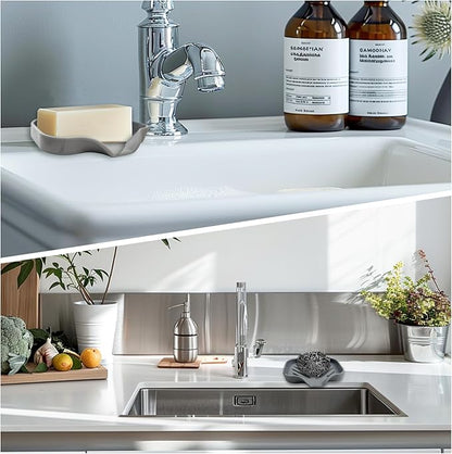 Grey Silicone Soap Dish – Sink Organizer with Drain Spout for Bathroom & Kitchen, Ideal for Dispensers, Cups, Scrubbers & Sponges on Countertops