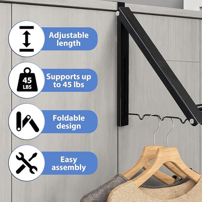 Over The Door Hanger, Foldable Over The Door Drying Rack with 20"-32" Expandable Width, Space Saving Doors Clothes Hanger for Laundry, Bathroom, Apartment, Fits Doors up to 1-1/4”, Metal, Black