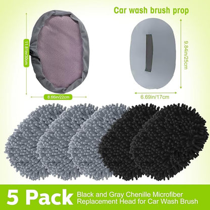 Tallew 5 Pcs Car Wash Mitt Kit, Car Clean Brush Not Included, Microfiber Mitt Clean Detail Cleaning Tools Truck Washing Chenille Scratch Free Replacement Kit for Auto RV Pickup Bus(Black and Gray)