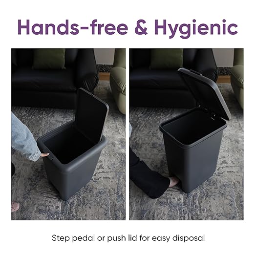Superio 10L and 45L Slim Step & Push Trash Cans - 2 Pack, Dual Opening, Space-Saving Design, Durable Plastic - Black
