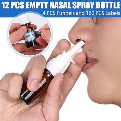 20 Pcs Nasal Spray Bottle, 10ML/0.35OZ 12Pcs Glass Brown Nasal Spray Bottles Empty with 4 Funnels and 4 Labels
