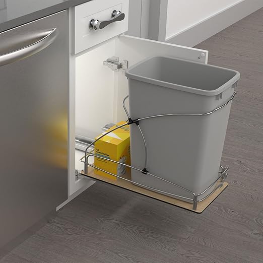 Rev-A-Shelf 35 Qt / 8.75 Gal Steel Bottom Mount Single Pullout Waste Container w/Soft-Close for Base Cabinets, Min Opening Width of 11", Silver, 54WC-1535SC-17-1