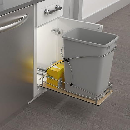 Rev-A-Shelf 35 Qt / 8.75 Gal Steel Bottom Mount Single Pullout Waste Container w/Soft-Close for Base Cabinets, Min Opening Width of 11", Silver, 54WC-1535SC-17-1