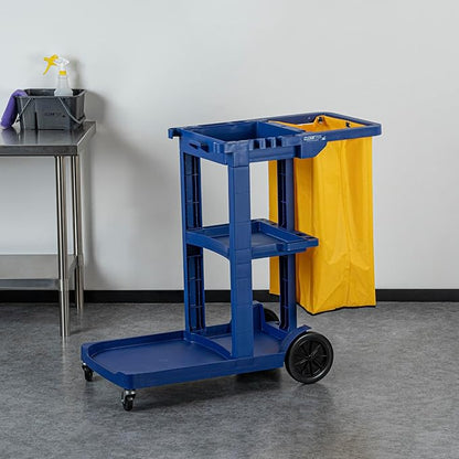 Restaurantware-Clean Tek Professional Janitor Cart with Wheels, 1 Cleaning Trolley with 18 Gallon Bag - 3 Shelves, Heavy-Duty, Blue Plastic Commercial Janitorial Cart, for Restaurants