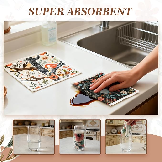 SEIBER Swedish Dishcloths for Kitchen - 10 Pack Washable & Reusable Dish Rags,Super Absorbent Reusable Towels Washable, Non-Scratch Cellulose Sponge Cloths,Quick Drying, Dishwasher Safe (Bird Flower)