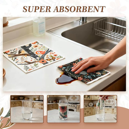 SEIBER Swedish Dishcloths for Kitchen - 10 Pack Washable & Reusable Dish Rags,Super Absorbent Reusable Towels Washable, Non-Scratch Cellulose Sponge Cloths,Quick Drying, Dishwasher Safe (Bird Flower)