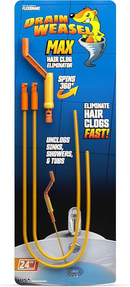 FlexiSnake Drain Weasel Sink Snake Hair Clog Remover Tool, Pipe, Bathroom, Bathtub Drain Cleaner, 24" Made in The USA 2 Wands and Removable Handle