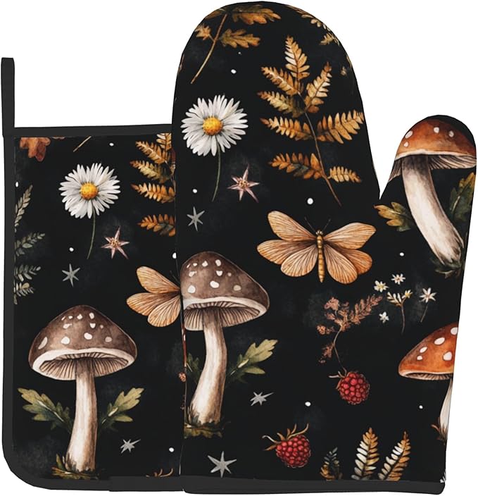 Mushroom Oven Mitts Set – Vintage Pot Holders Kitchen Gloves for Women Farmhouse Kitchen Mitts Floral Herb Potholders Set of 2 Durable for Cooking Baking