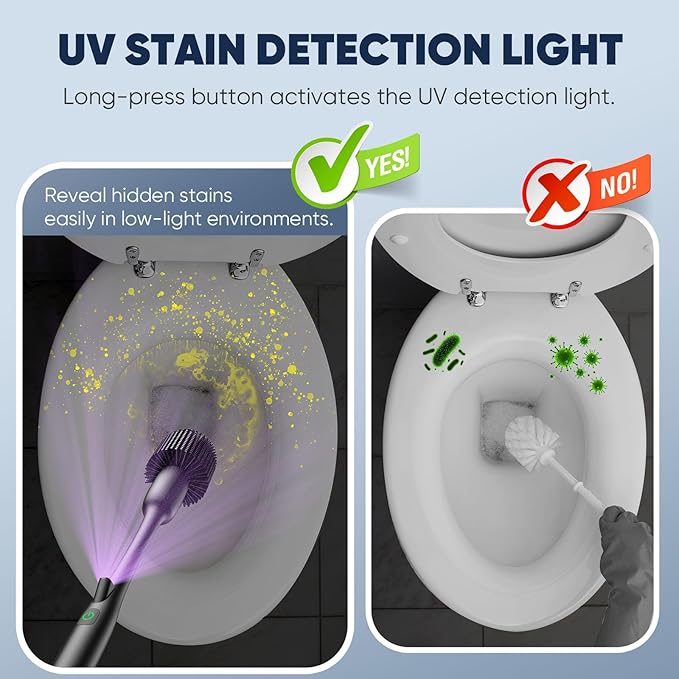 EKZ Electric Toilet Brush with UV Stain Detection, High-Torque Deep Cleaning, Dual-Speed 80/200 RPM, Silicone Brush Head, Wall-Mounted Holder, Type-C Rechargeable, Black