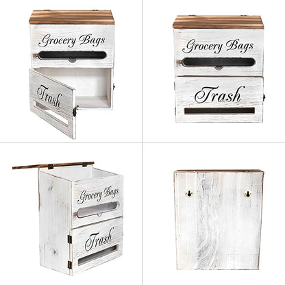 2 in 1 Trash Bag Dispenser, Double Wall Mounted,Wood Trash Bag Holder, used in kitchen, garage, laundry room, can store Environmentally friendly food bags (Vintage/Large(10inch*5.5inch*12.2inch）)