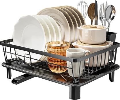 MOUKABAL Dish Drying Rack, Dish Rack, Stainless Steel Dish Racks for Kitchen Counter, Dish Drainer with Removable Utensil Holder, Drainboard (Black,11''W x 15''L)