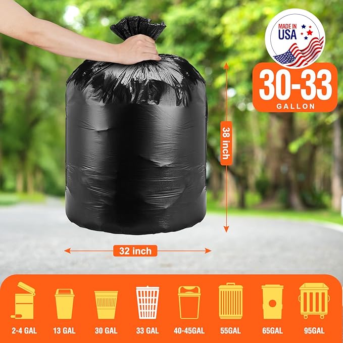 Delxo 30-33 Gallon Trash Bags, 5000 Count – 0.6 Mil Medium Duty Garbage Bags, Durable Plastic Bolsas para basura, Perforated Design– Made in USA for Kitchen, Yard, Office (Black)