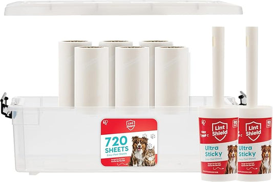 IRIS USA Extra Sticky Lint Roller, Standard Pack Comes with Storage Box and Refills, 90 Sheets/Roll, 720 Sheets Total, Easy Tear Lint Remover for Dog Cat Pet Hair On Clothes, Couch, Bed, Floor