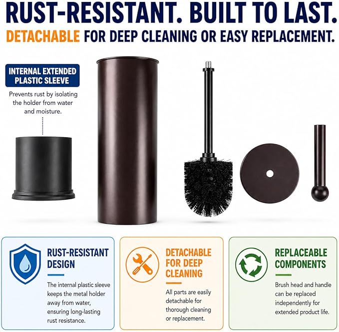 HUJI Rust Resistant Bronze Toilet Brush Holder with Lid Perfect Bathroom Bowl Cleaning Set Gift for House Warming or College Dorms Accessories (1, Bronze Toilet Brush)