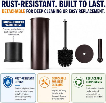 HUJI Rust Resistant Bronze Toilet Brush Holder with Lid Perfect Bathroom Bowl Cleaning Set Gift for House Warming or College Dorms Accessories (1, Bronze Toilet Brush)