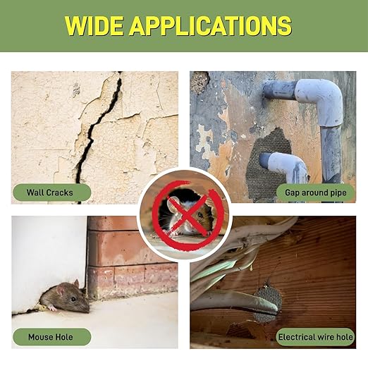Steel Wool Mice Control, 3 Pack 3’’x11.5Ft Steel Wool & 1 Pack 5’’x15Ft Stainless Steel Wire Mesh with Gloves, Scissors & Wood Stick, Mouse Hole Filler DIY Kit for House & Garage, Wall Gaps
