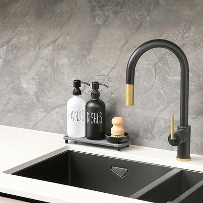 MOMEEMO Soap Dispenser for Kitchen Sink Comes with Stainless Pumps, Instant Dry Tray, and Dish Scrub Brush, Suitable for Black and White Kitchen Decor. (Black & White)