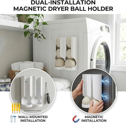 Magnetic Dryer Ball Holder for Laundry Room Organization - Space-Saving Wool Dryer Ball Storage Rack, Strong Magnet Mounts to Washer & Dryer, Holds 6+ Standard Balls, Two Ways to Use,Minimalist Design