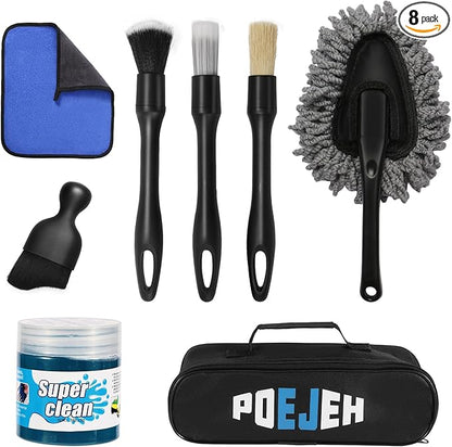 8-Piece Car Interior & Exterior Cleaning Kit - 160g Gel (128% More Than 70g), Boars Hair Brushes, Ultra-Soft Detail Brush, Microfiber Cloths, Duster | for Auto/Truck/SUV