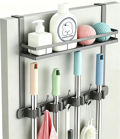Broom Holder Over The Door Over Door Broom and Mop Rack Over The Door Hooks Organizer With4 Slots & 3 Hooks 1 Storage Basket For Laundry Room, Garage, Closet, Kitchen Decor (grey)