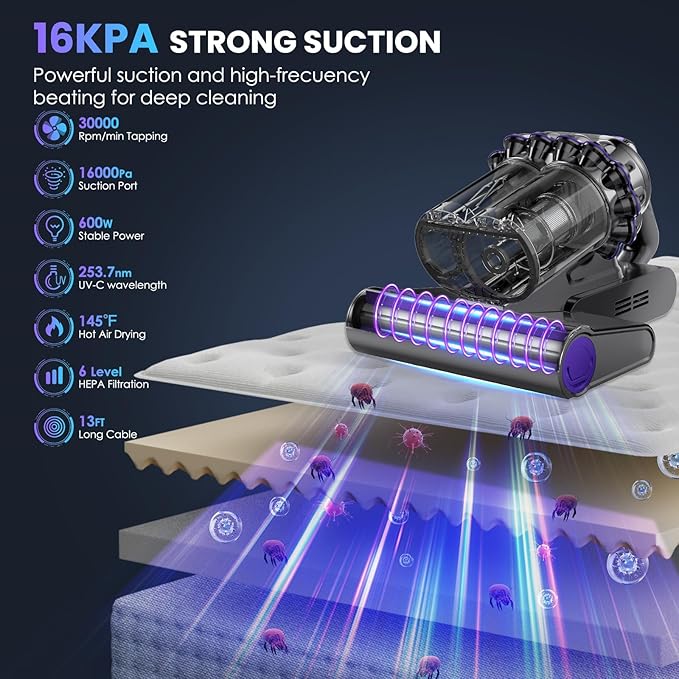 Mattress Vacuum, Bed Vacuum Cleaner with 16Kpa Suction 253.7nm UV-C Light, 145°F Heat & 30000 RPM/Min Tapping, HEPA Filter & Ultrasonic, 600W Powerful Vacuums for Bed, Sofa, Couch(Corded)