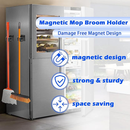 Strong Magnetic Mop Broom Holder, 2 Pack Heavy Duty Magnetic Mop Hanger for Refrigerators, Magnet Wall Mount Broom Holder Tool Storage for Laundry Room Garage Kitchen Workshops Metal Shed