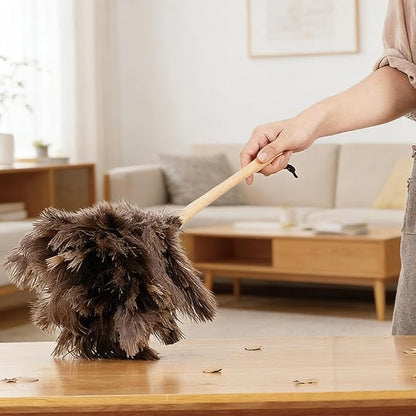 NCEDN Genuine Ostrich Feather Duster 15 inches – Soft Dense Real Feathers, Wooden Handle, Feather Duster for Cleaning Furniture, Blinds & Car Interior