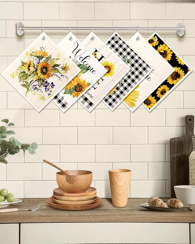 Miss Adola 6 Pack Swedish Dishcloths for Kitchen - Reusable Dish Cloths for Washing Dishes Absorbent Cute Funny Kitchen Towels Cleaning Sponge, Sunflower