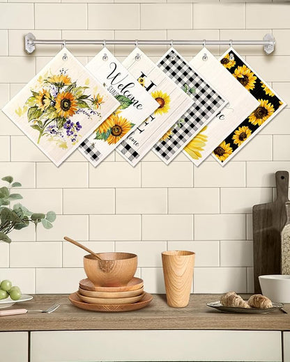Miss Adola 6 Pack Swedish Dishcloths for Kitchen - Reusable Dish Cloths for Washing Dishes Absorbent Cute Funny Kitchen Towels Cleaning Sponge, Sunflower
