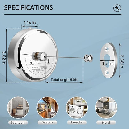 Retractable Clothesline 9.0 Feets, 304 Stainless Steel Clothes Line Dryer with Heavy Duty Adjustable Stainless Steel Rope String for Hanging Drying Bathroom, Laundry, Hotel, Indoor & Outdoor