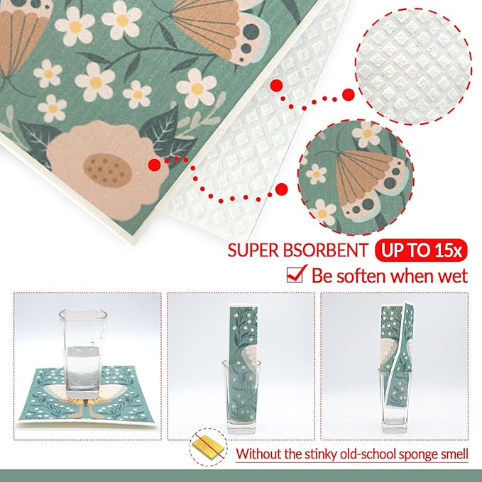 6 - Pack Swedish Kitchen Dish Cloths - Reusable Paper Towels for Counters & Dishes - Eco Friendly Cellulose Sponge Cloth (Butterfly)
