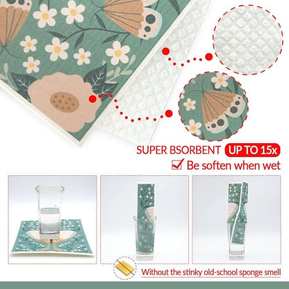 6 - Pack Swedish Kitchen Dish Cloths - Reusable Paper Towels for Counters & Dishes - Eco Friendly Cellulose Sponge Cloth (Butterfly)