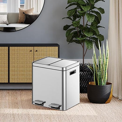 Kitchen Trash Can, 2x4 Gallon Rectangular Kitchen Waste Bin, Dual Separate Compartment Recycle Bin with Removable Plastic Inner Buckets, Soft Step-on with Lid