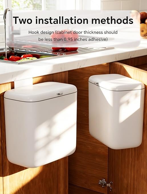 Wall Mounted Kitchen Compost Bin with Lid, Hanging Trash Can for Cabinet Door, White Plastic Food Scrap Bin for Kitchen Counter and Under Sink, 1.8 Gal