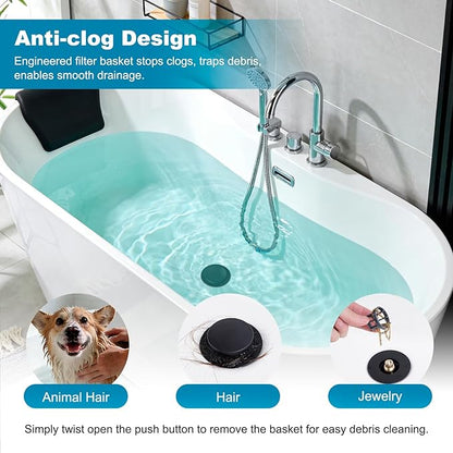 Hibbent 2 Pack 3 in 1 Metal Bathtub Drain Stopper, Universal Pop Up Tub Stopper with Removable Filter Basket, Anti-Clogging Bathtub Hair Catcher for 1.5''~2.4'' Drain, Brass Bullet Core, Matte Black