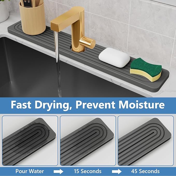 24'' Longer Stone Faucet Mat for Kitchen Sink [Super Absorbent, 30s Quick Drying] Water Absorbing Stone Tray for Sink Stone Mat for Kitchen Sink Stone Quick Dry Around Faucet Diatomite Stone Sink Tray